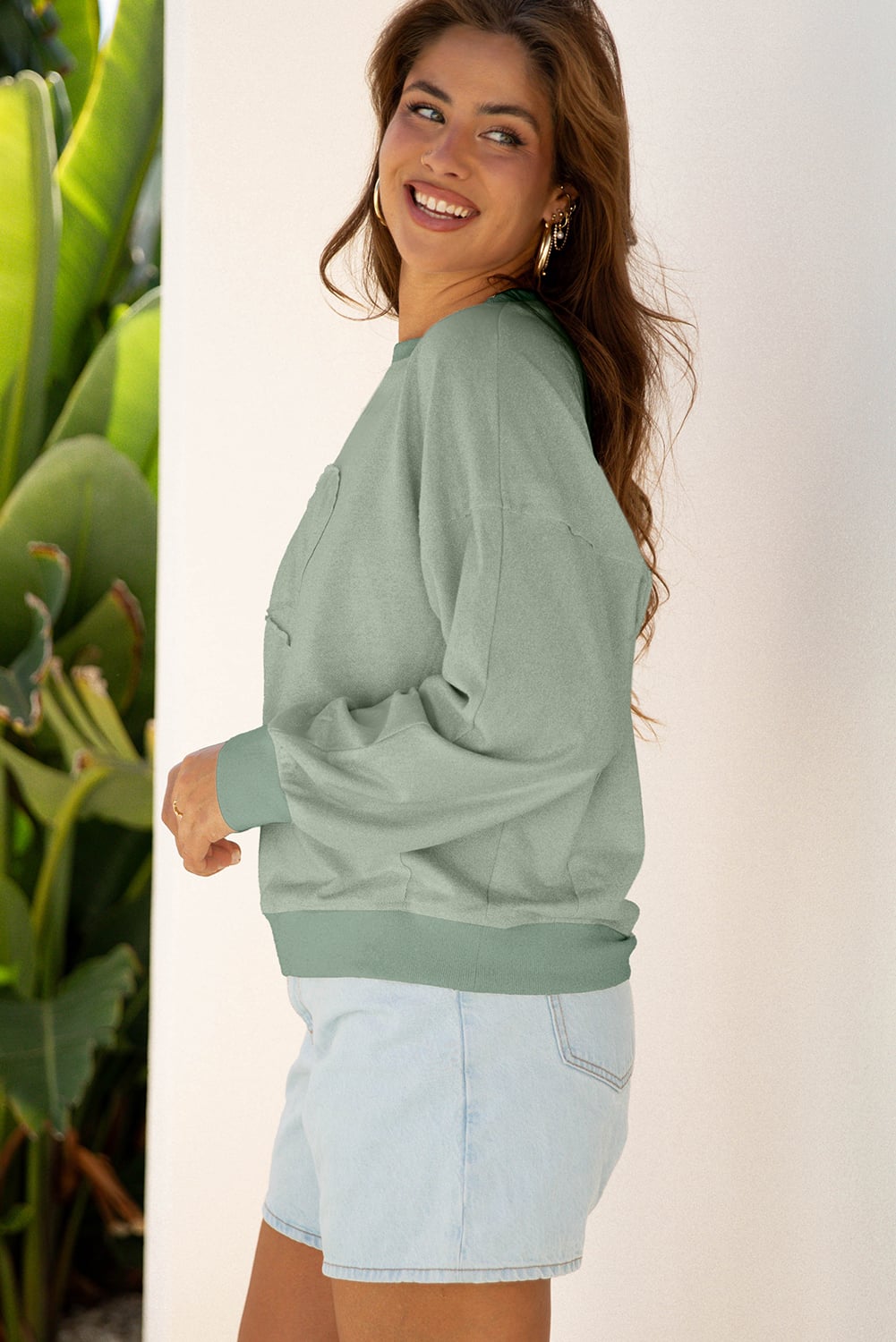 Smoke Green Raw Edge Flower Patch Drop Shoulder Casual Top