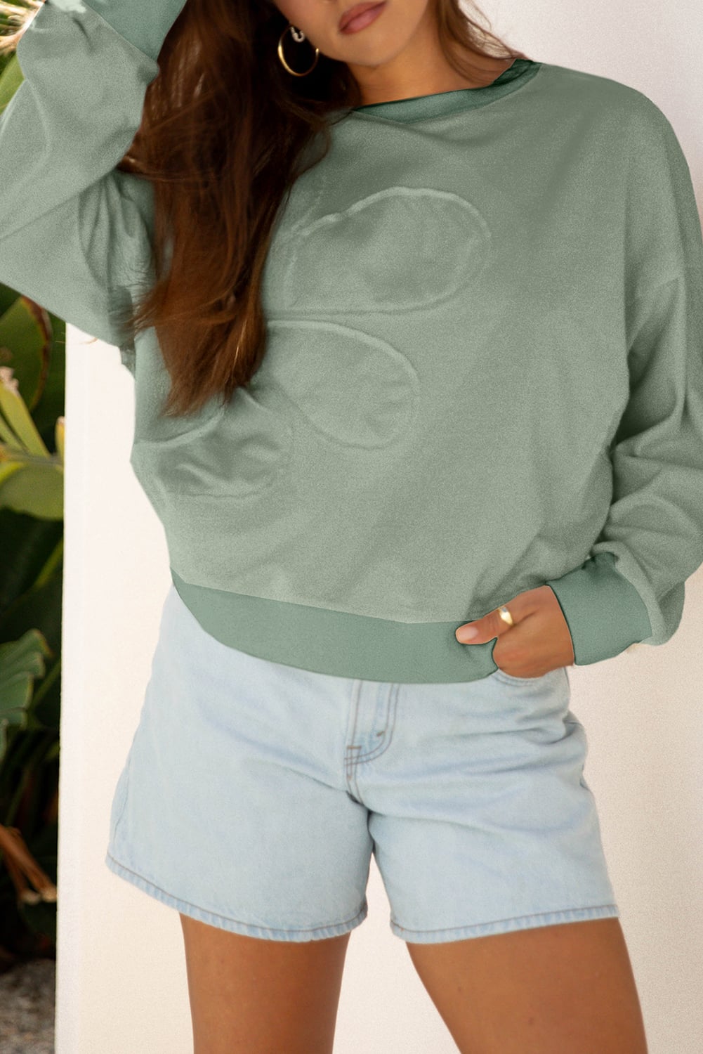 Smoke Green Raw Edge Flower Patch Drop Shoulder Casual Top