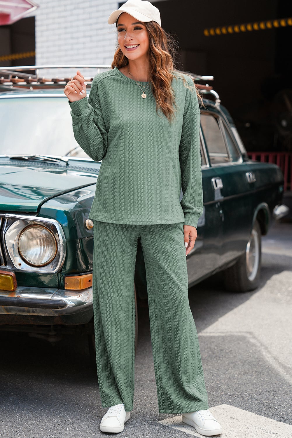 Smoke Green Textured Round Neck Sweatshirt & Loose Drawstring High Waist Pant Set