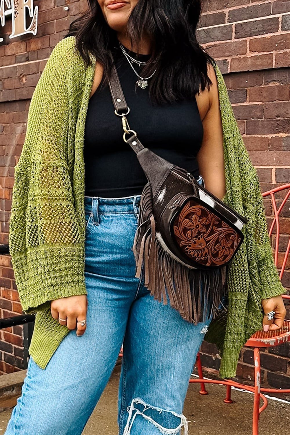 Spinach Green Oversize Crochet Knit Open Cardigan