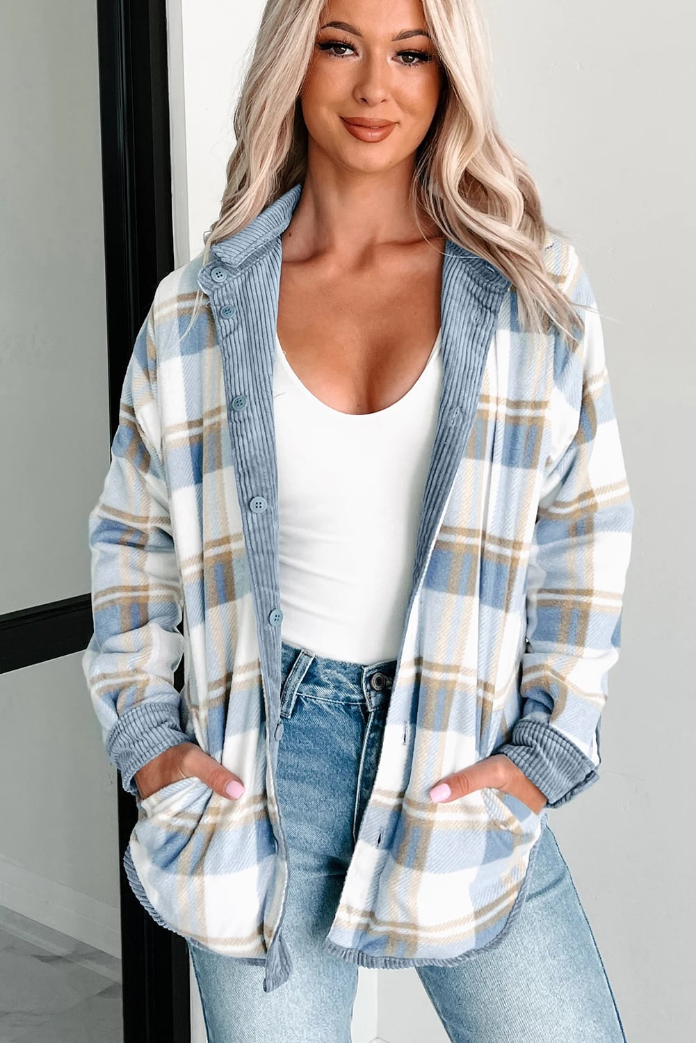 Stone Blue Plaid Corduroy Reversible Button Up Shacket