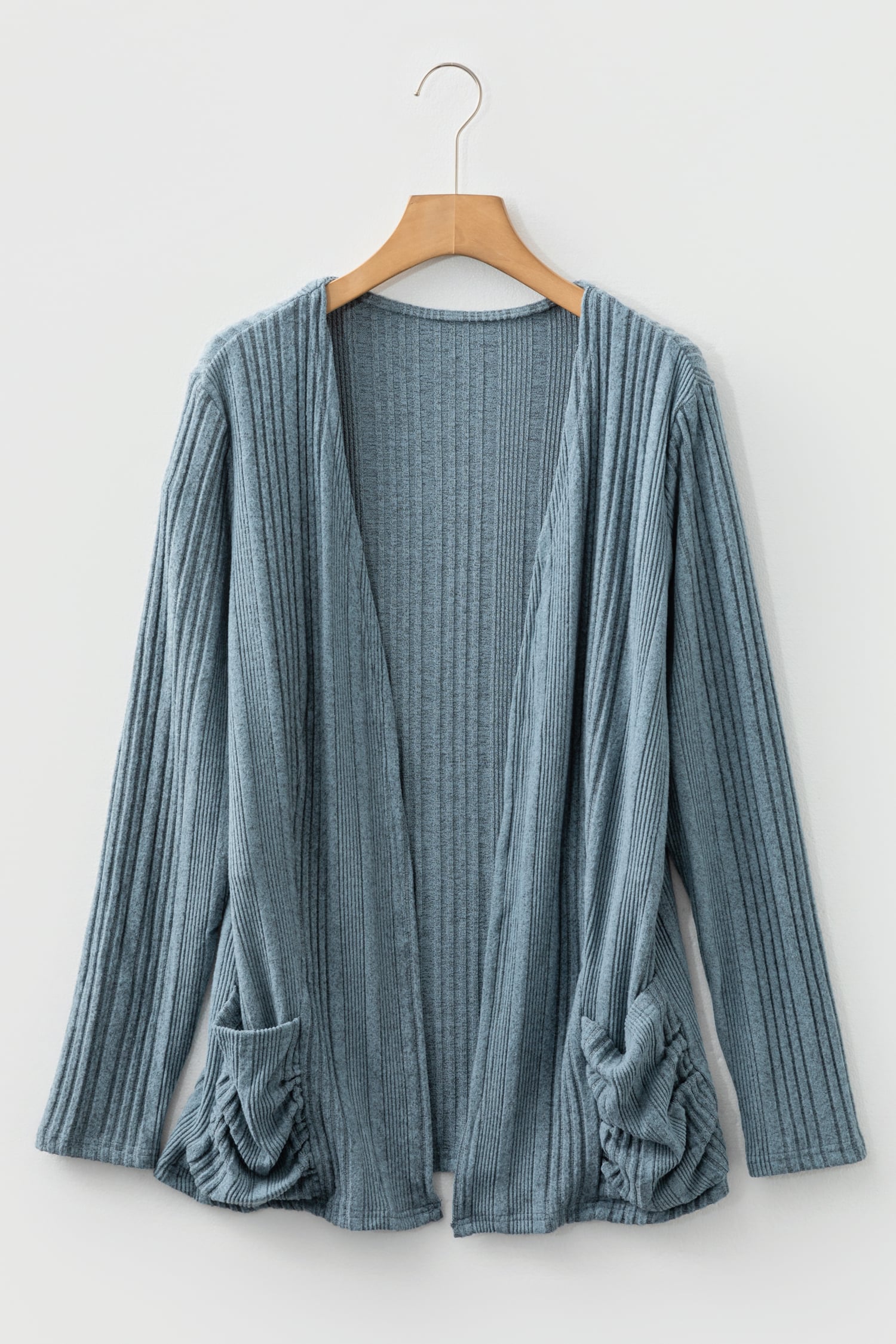 Stone Blue Ribbed Open Front Knitted Top with Pockets