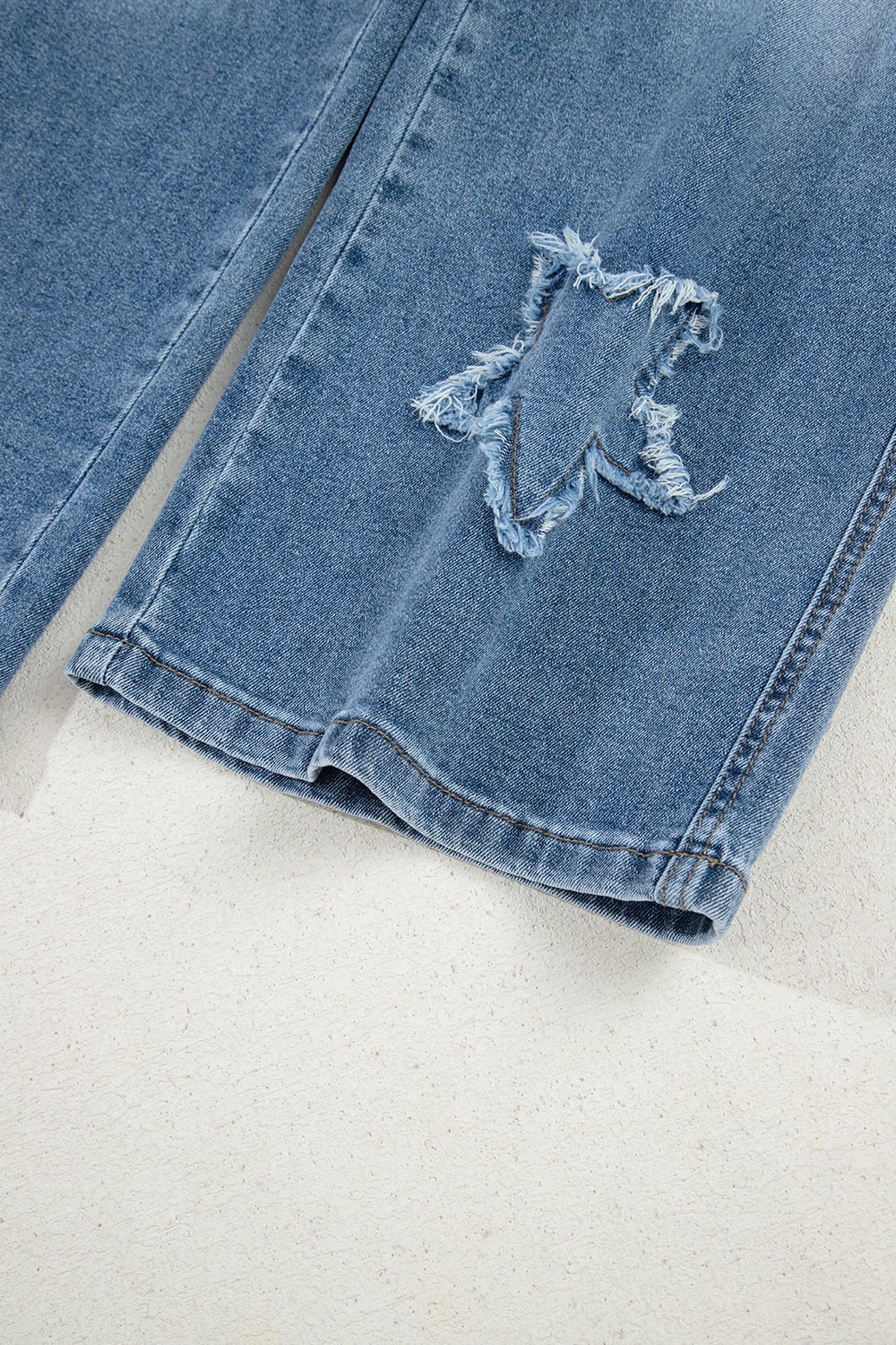 Stone Blue Star Patchwork Cropped Wide Leg High Waist Jeans
