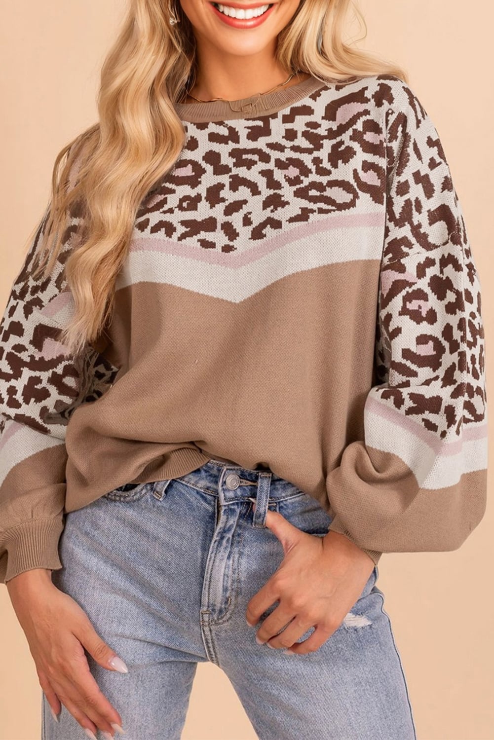 Straw Yellow Leopard Color Block Knit Round Neck Baggy Sweater