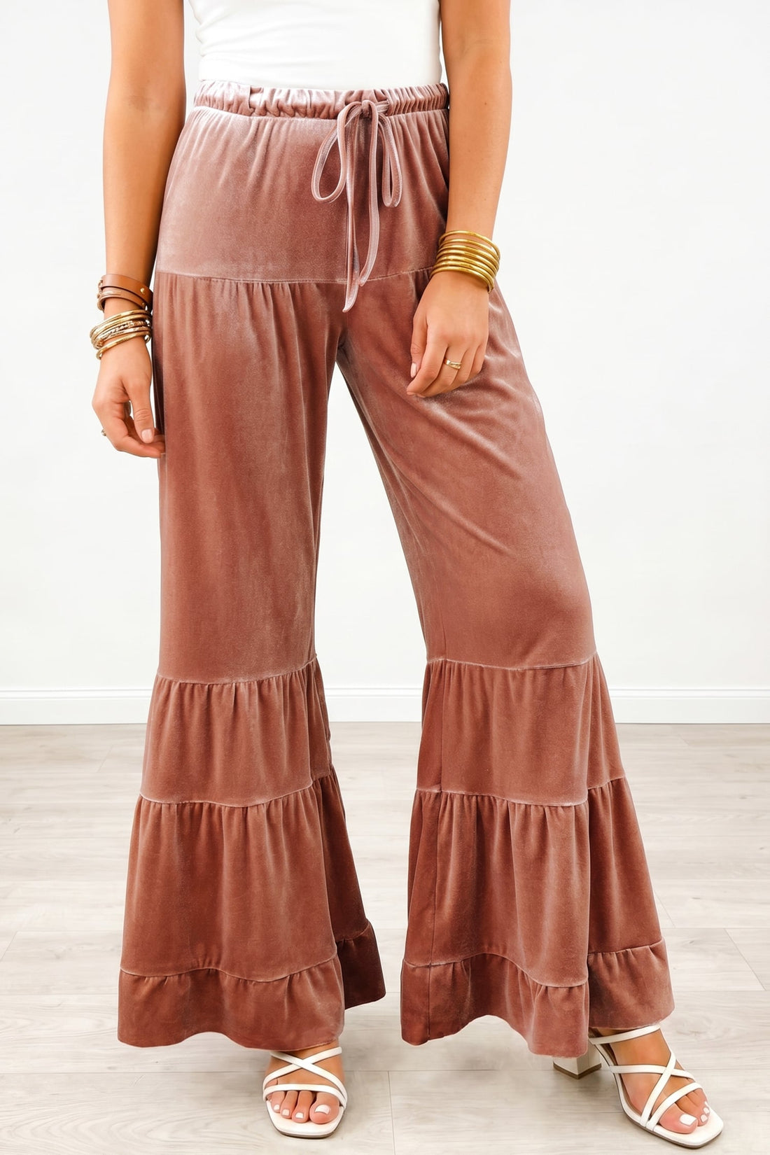 Straw Yellow Mineral Wash Lace-up High Waist Tiered Bell Bottom Pants