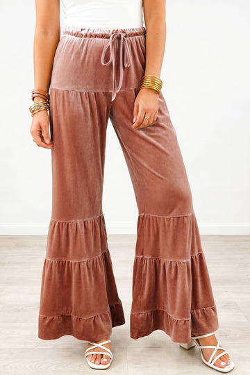 Straw Yellow Mineral Wash Lace-up High Waist Tiered Bell Bottom Pants