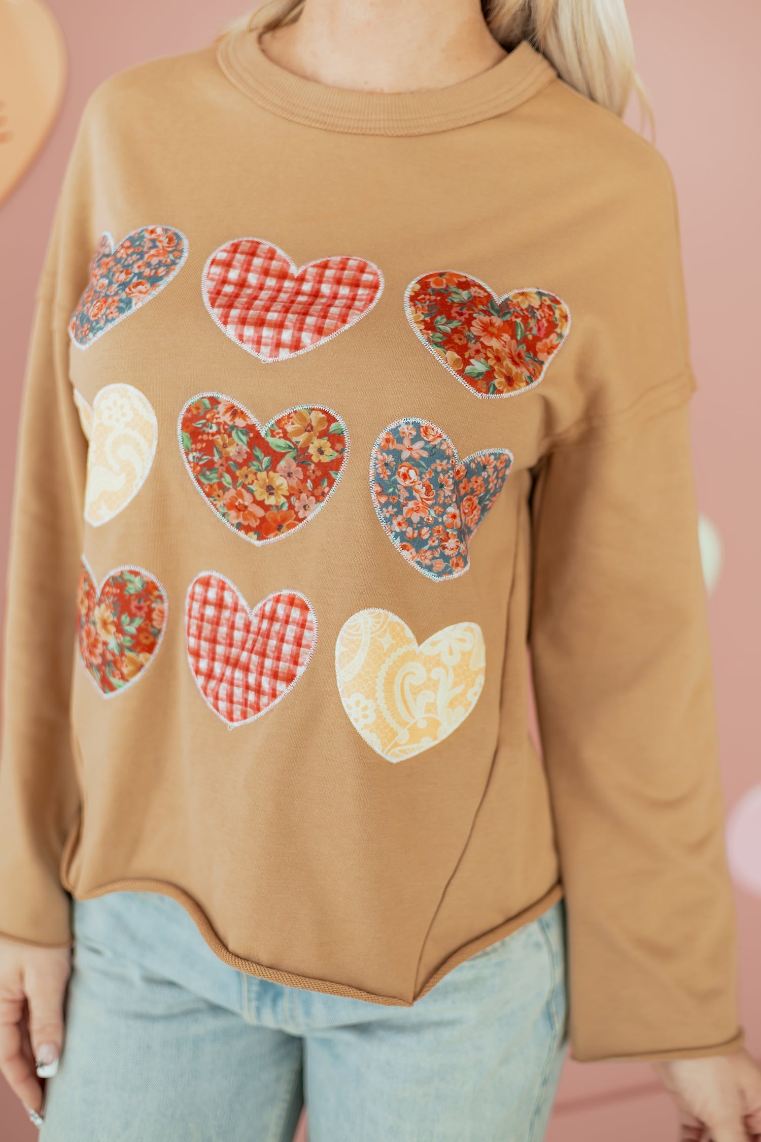 Straw Yellow Plaid Floral Heart Stitched Exposed Seam Mineral Wash Sweatshirt