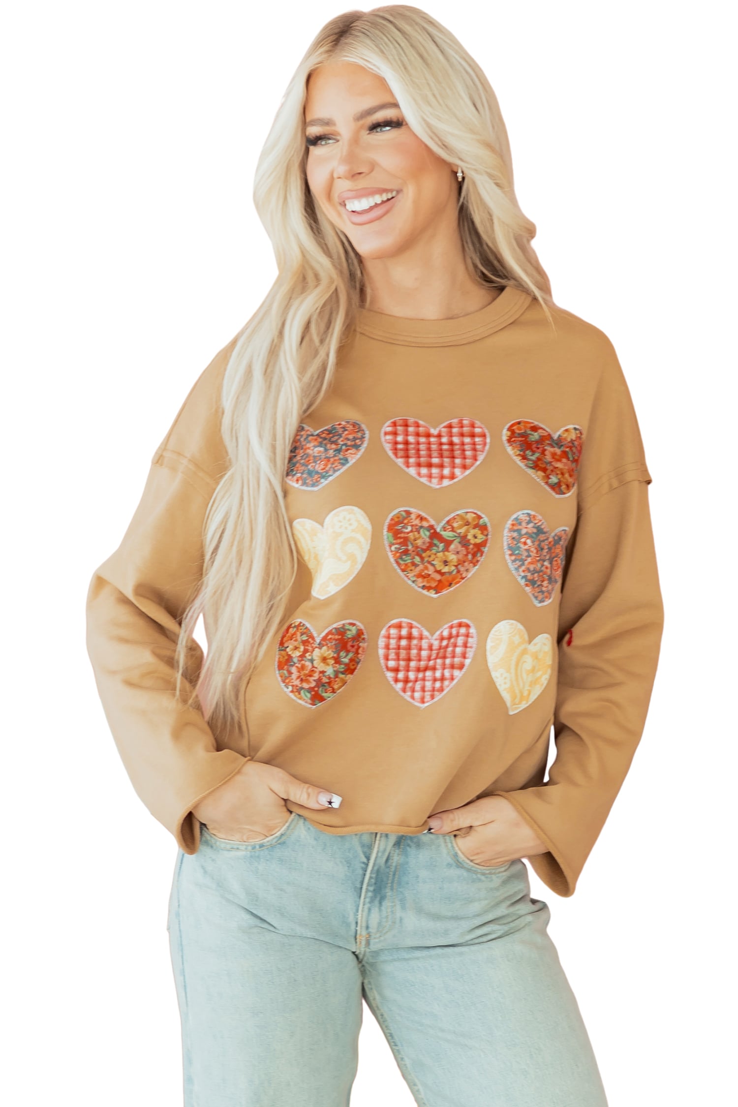Straw Yellow Plaid Floral Heart Stitched Exposed Seam Mineral Wash Sweatshirt