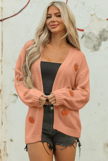 Straw Yellow Pumpkin Print Open Front Drop Shoulder Midi Cardigan