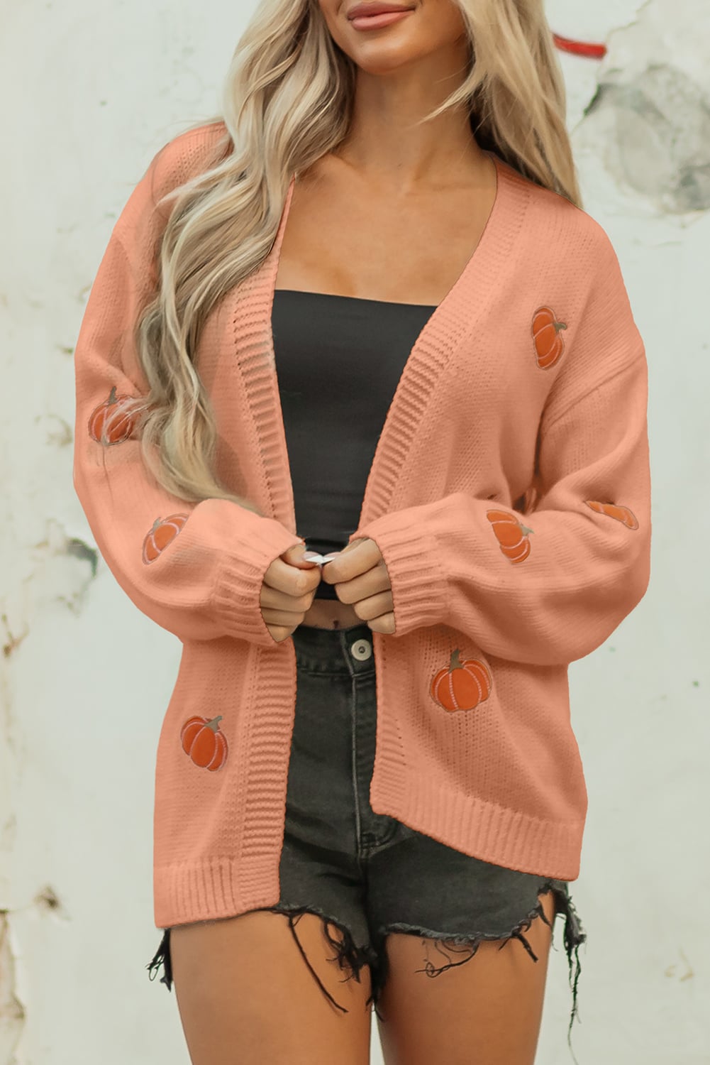 Straw Yellow Pumpkin Print Open Front Drop Shoulder Midi Cardigan