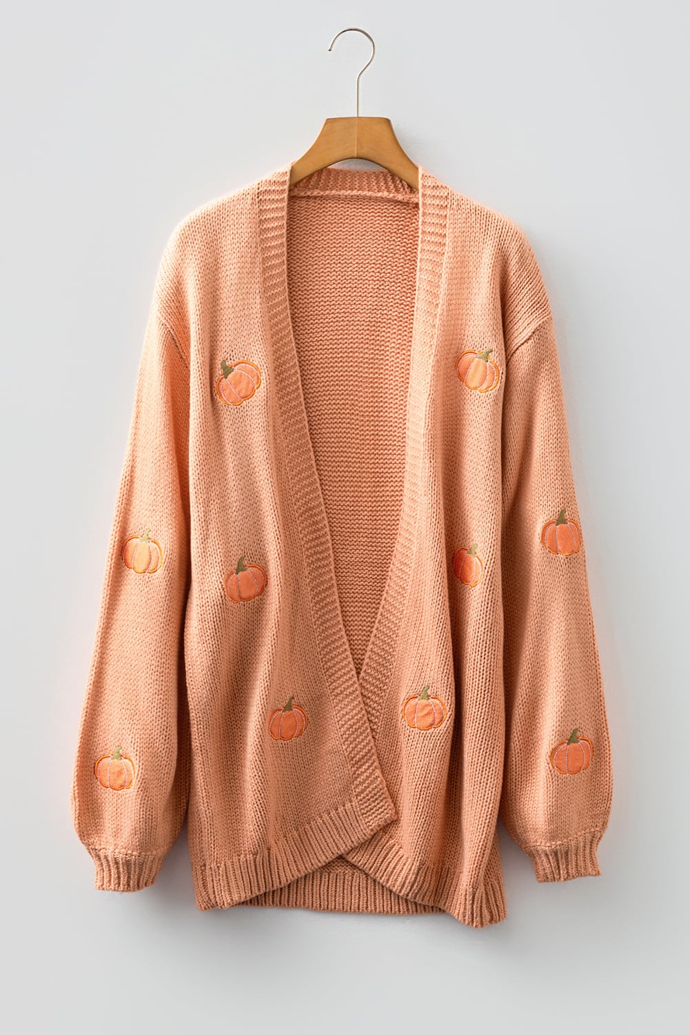Straw Yellow Pumpkin Print Open Front Drop Shoulder Midi Cardigan