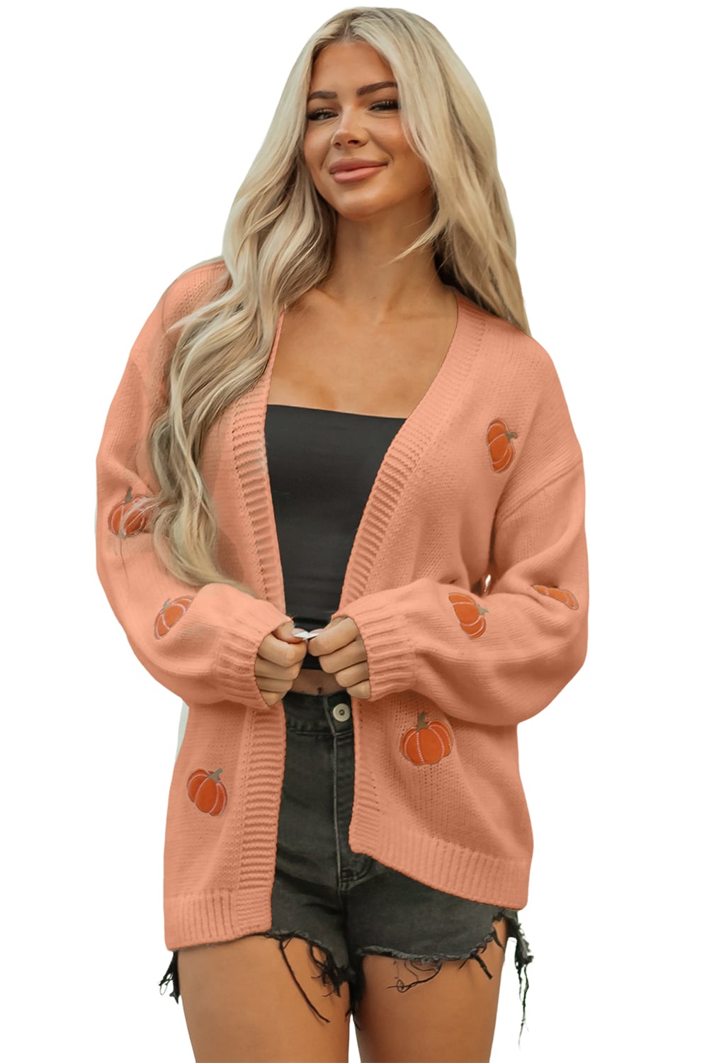Straw Yellow Pumpkin Print Open Front Drop Shoulder Midi Cardigan
