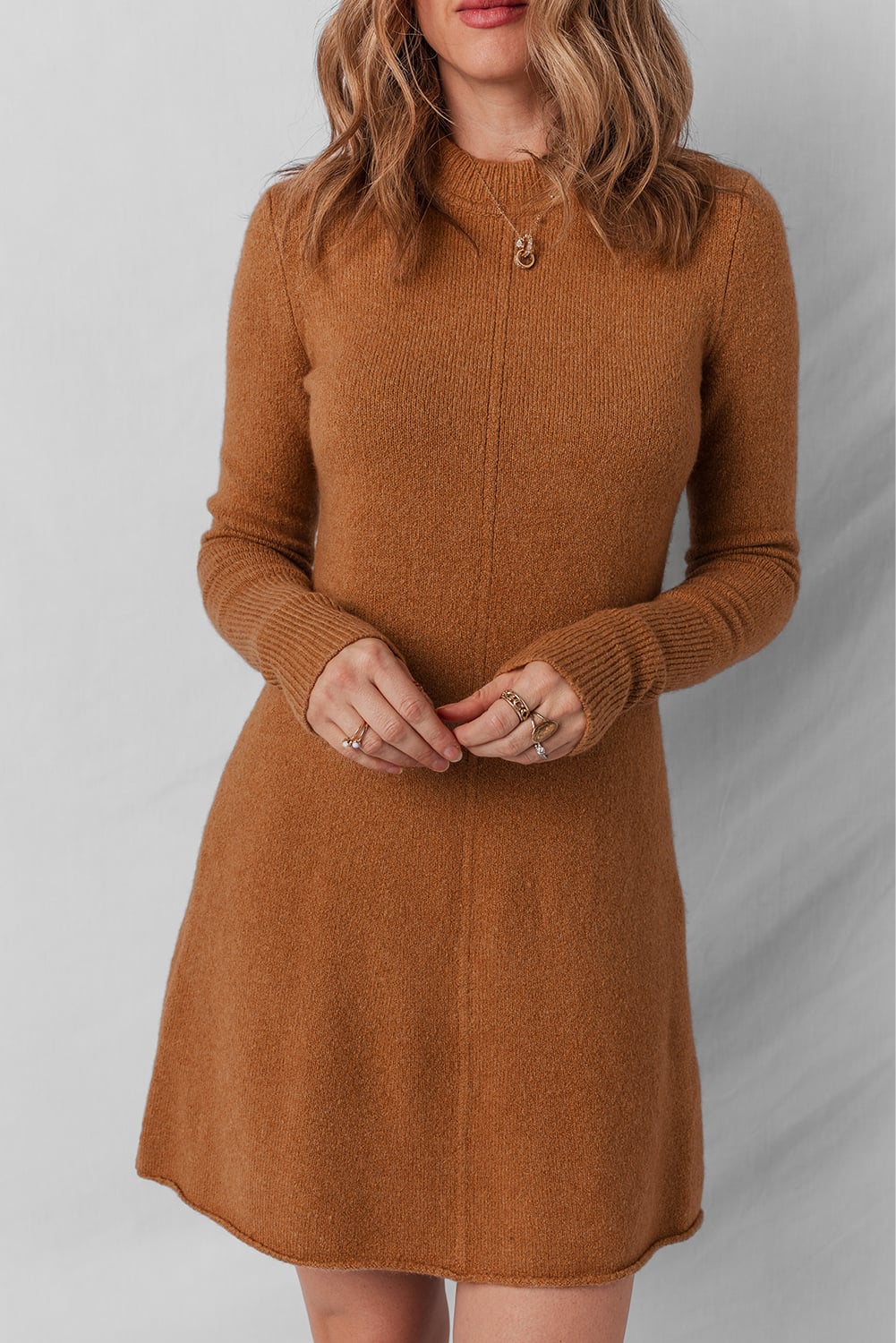 Straw Yellow Ribbed Detail Solid Color Mini Sweater Dress