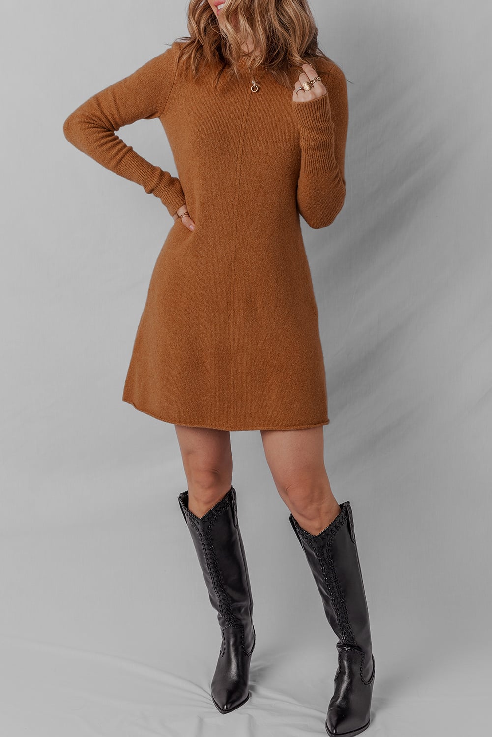 Straw Yellow Ribbed Detail Solid Color Mini Sweater Dress