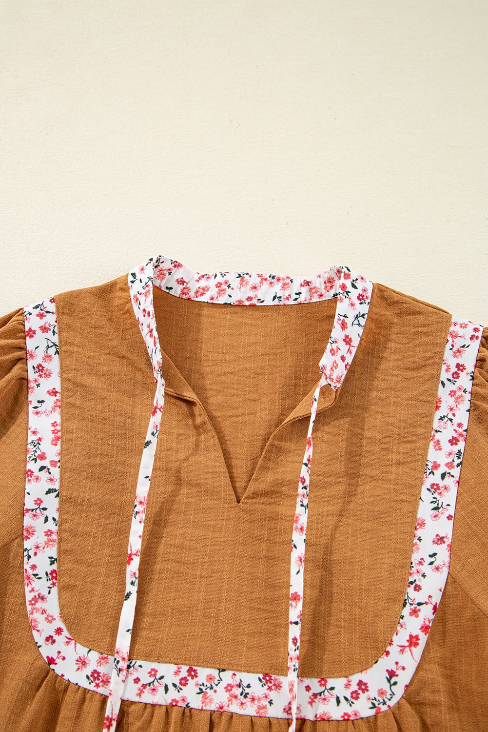 Straw Yellow Split Neck Pleated Floral Trim Long Puff Sleeve Blouse