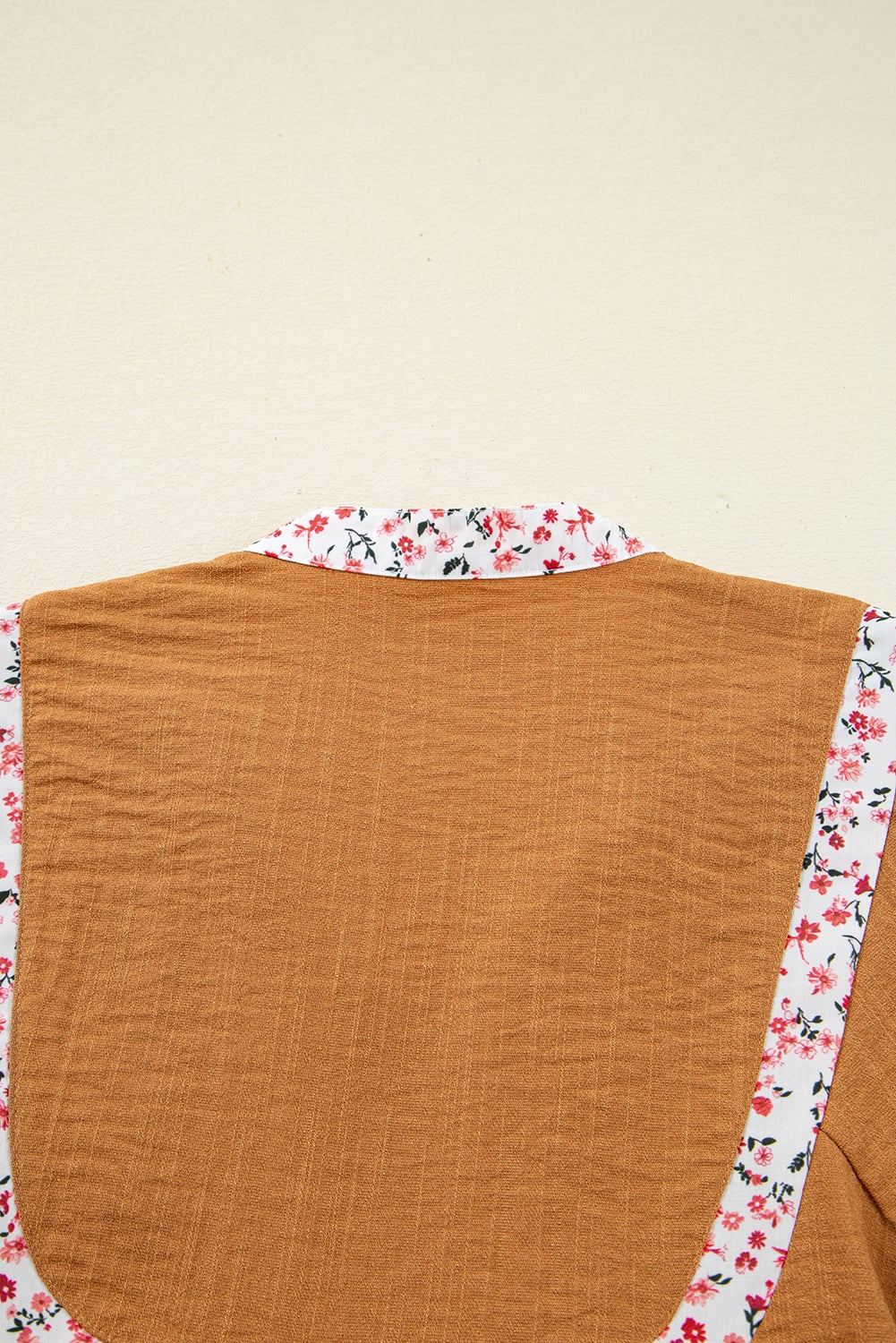 Straw Yellow Split Neck Pleated Floral Trim Long Puff Sleeve Blouse