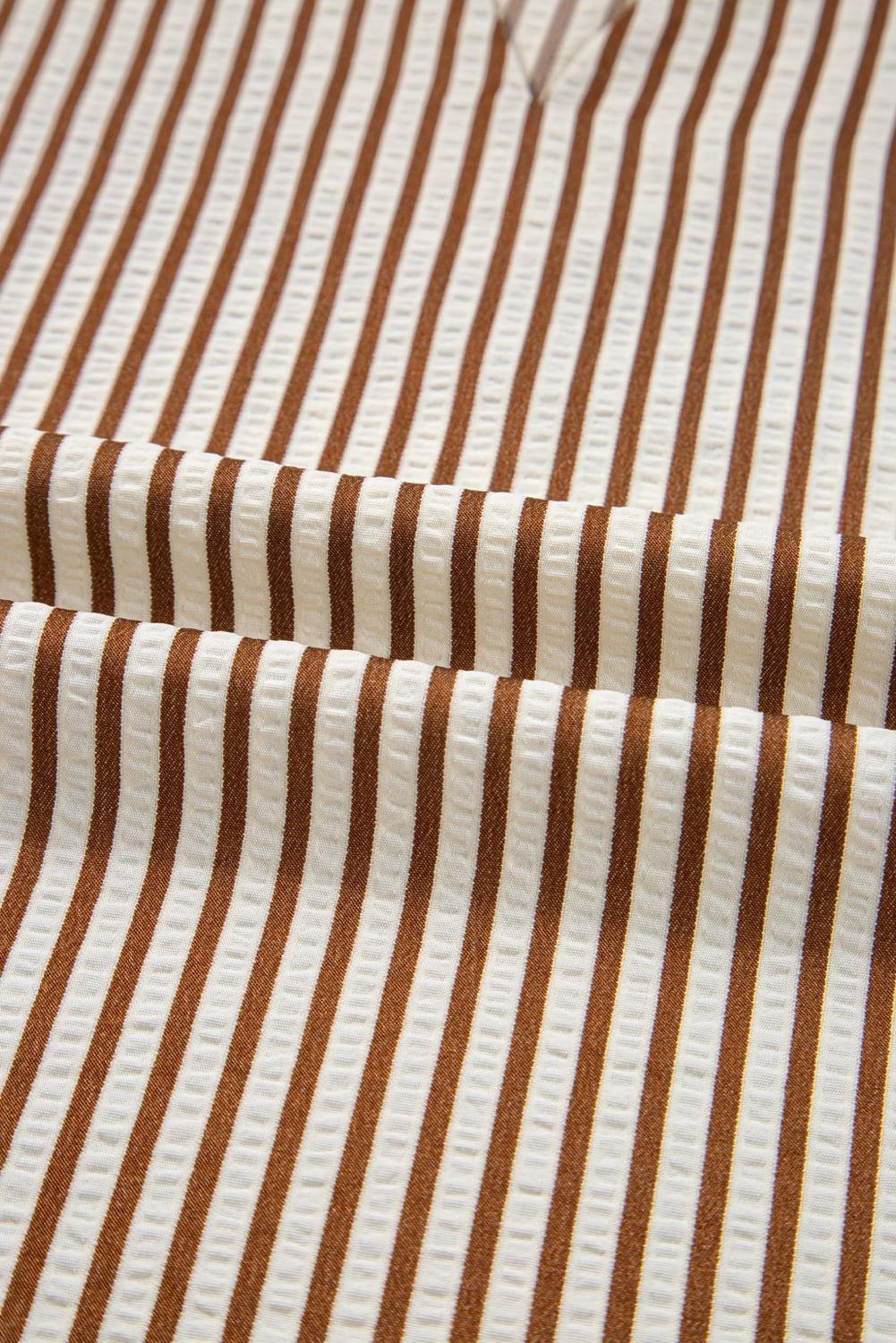 Straw Yellow Striped Print Tied Cuffs Split Neck Seersucker Blouse