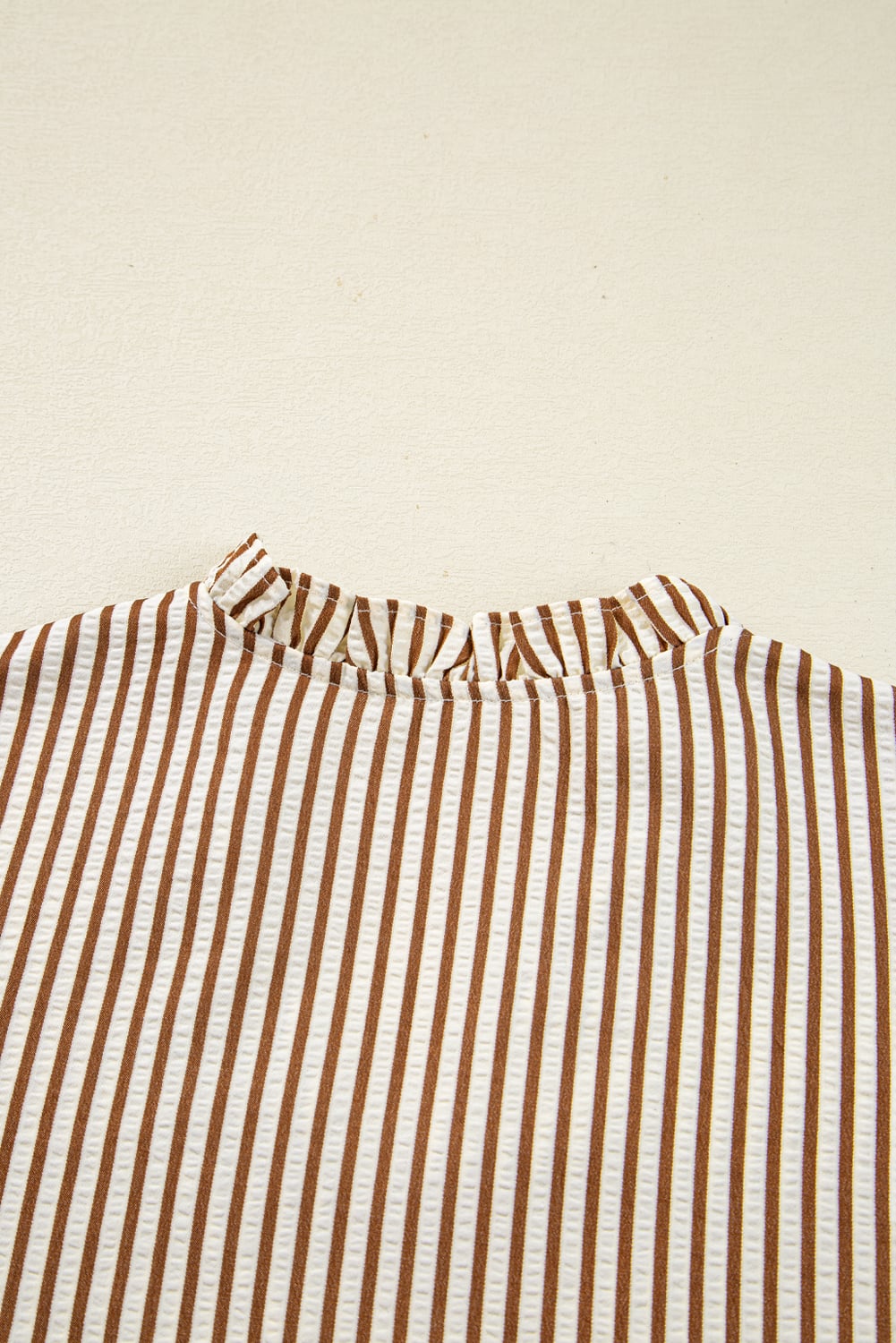 Straw Yellow Striped Print Tied Cuffs Split Neck Seersucker Blouse