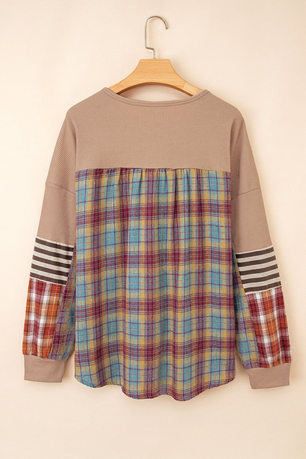 Straw Yellow Waffle Stripe Plaid Patchwork Henley Knit Top