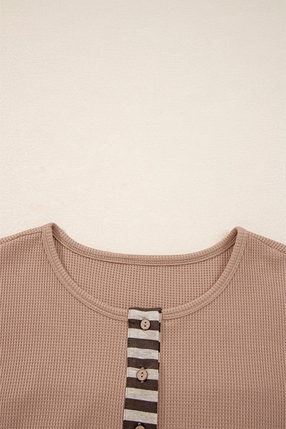 Straw Yellow Waffle Stripe Plaid Patchwork Henley Knit Top