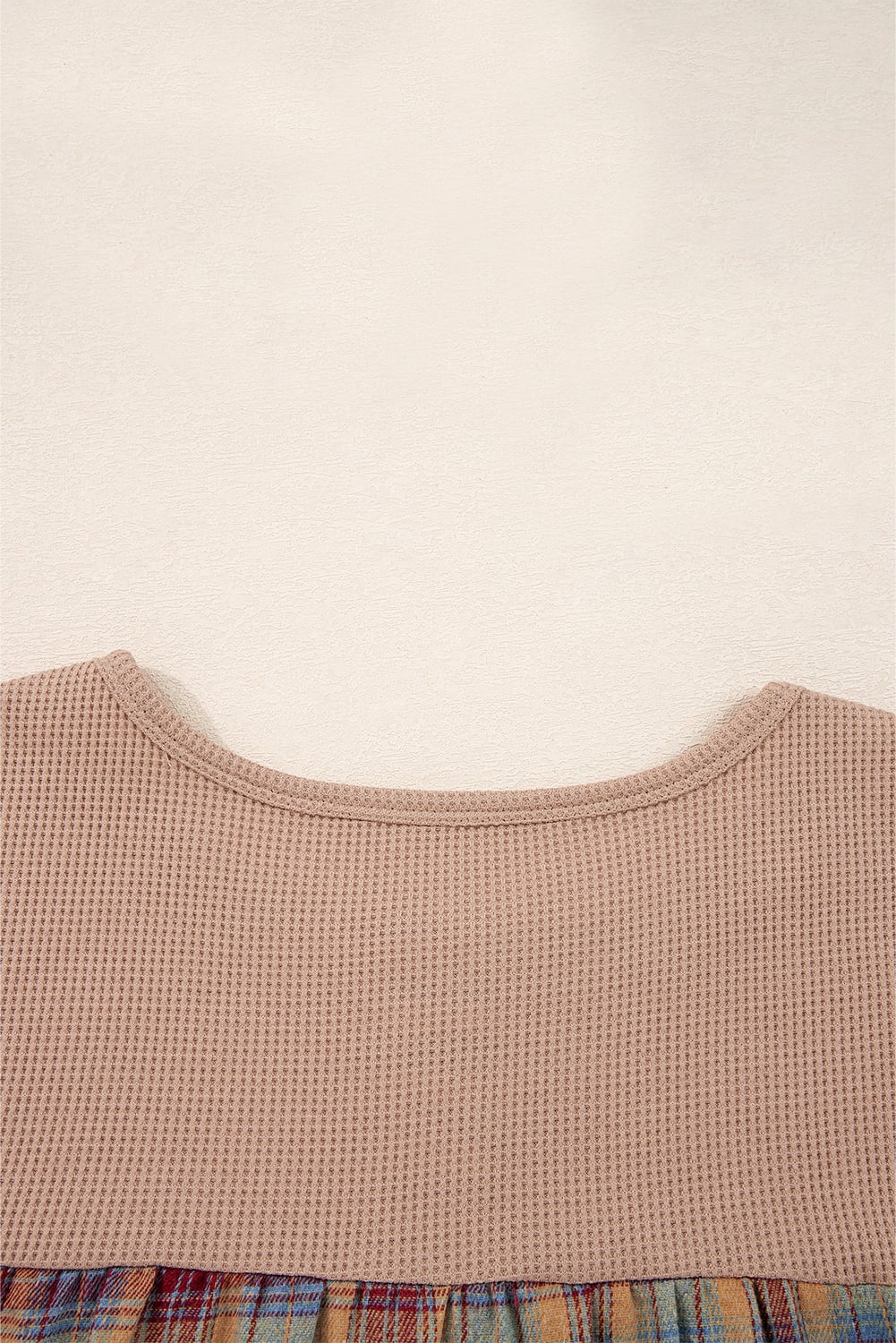 Straw Yellow Waffle Stripe Plaid Patchwork Henley Knit Top