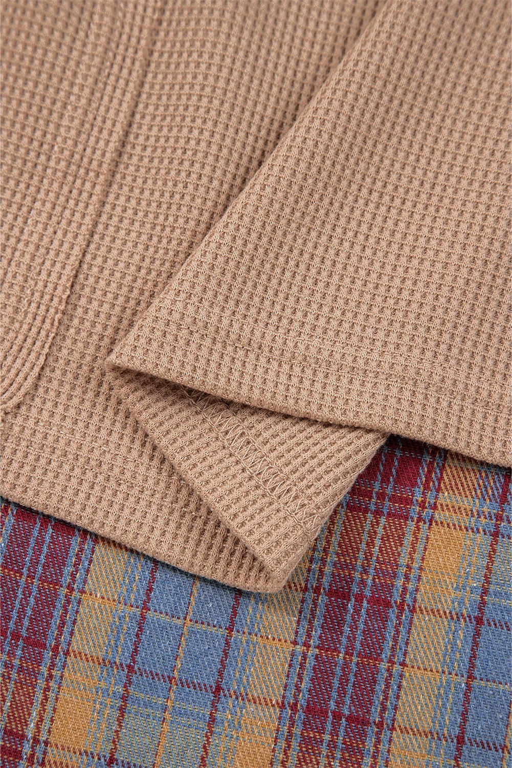 Straw Yellow Waffle Stripe Plaid Patchwork Henley Knit Top