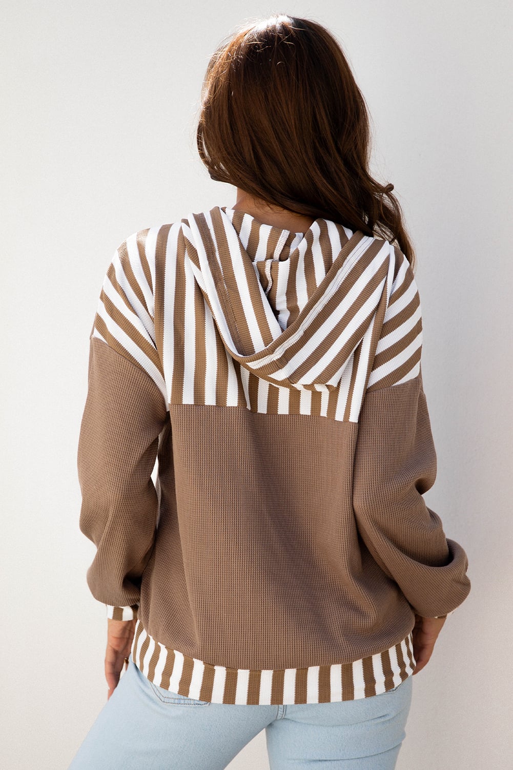 Straw Yellow Waffle Texture Striped Patchwork Button Neck Drawstring Hoodie