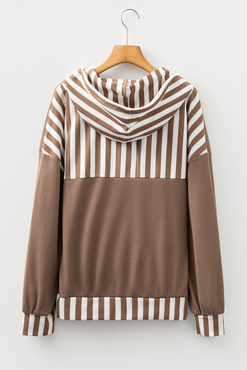Straw Yellow Waffle Texture Striped Patchwork Button Neck Drawstring Hoodie