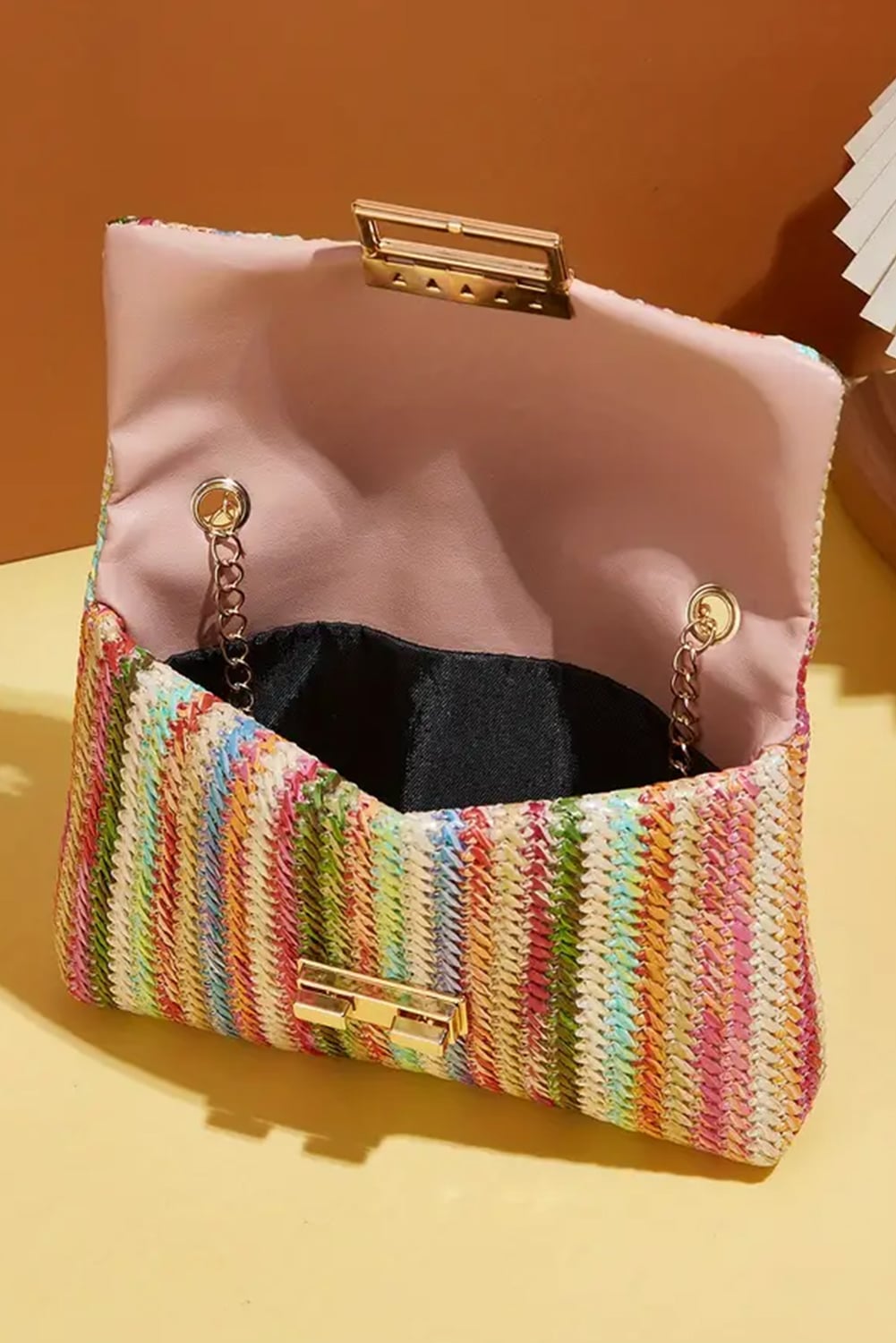 Strawberry Pink Straw Plaited Gold Chain Clasp Closure Single Shoulder Bag