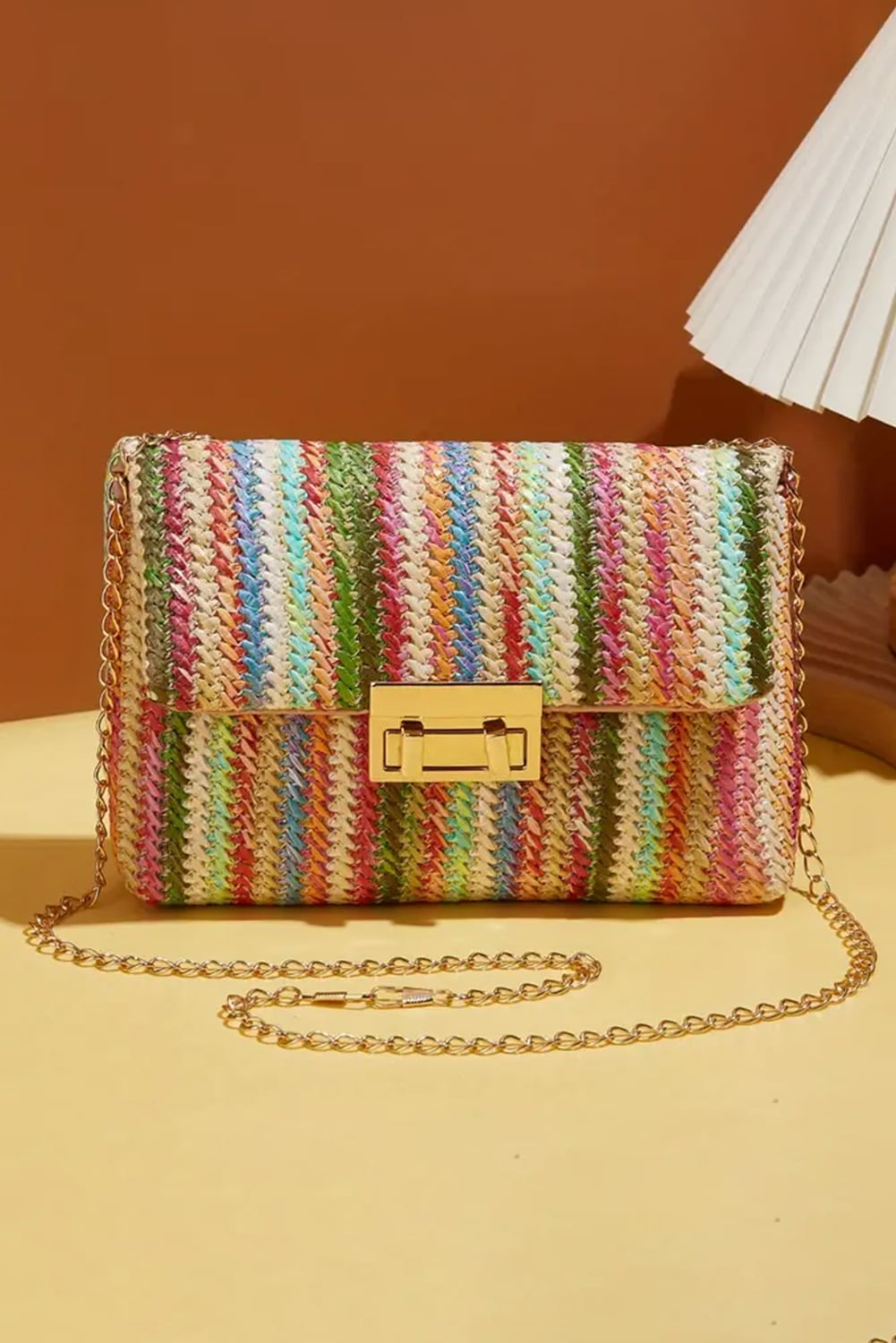 Strawberry Pink Straw Plaited Gold Chain Clasp Closure Single Shoulder Bag