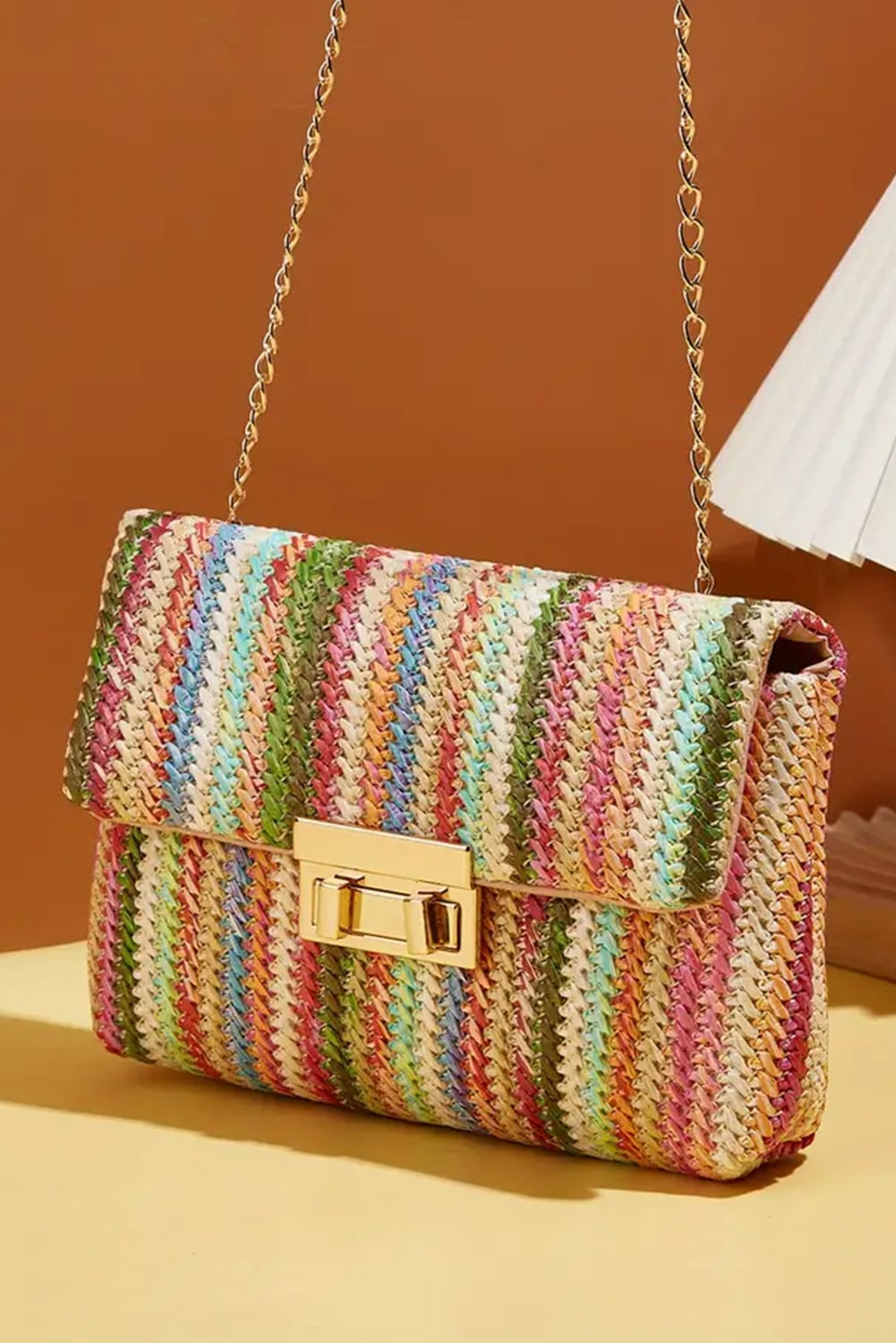 Strawberry Pink Straw Plaited Gold Chain Clasp Closure Single Shoulder Bag