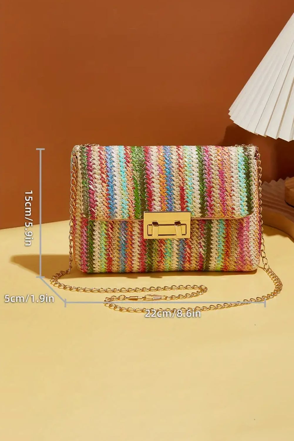 Strawberry Pink Straw Plaited Gold Chain Clasp Closure Single Shoulder Bag