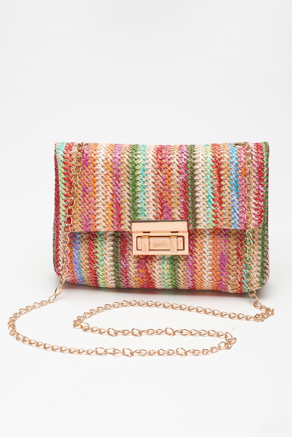 Strawberry Pink Straw Plaited Gold Chain Clasp Closure Single Shoulder Bag