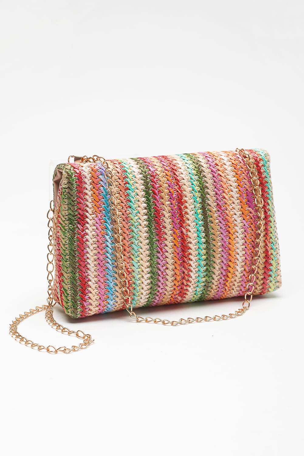 Strawberry Pink Straw Plaited Gold Chain Clasp Closure Single Shoulder Bag