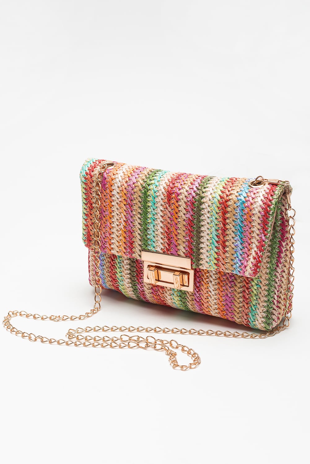Strawberry Pink Straw Plaited Gold Chain Clasp Closure Single Shoulder Bag