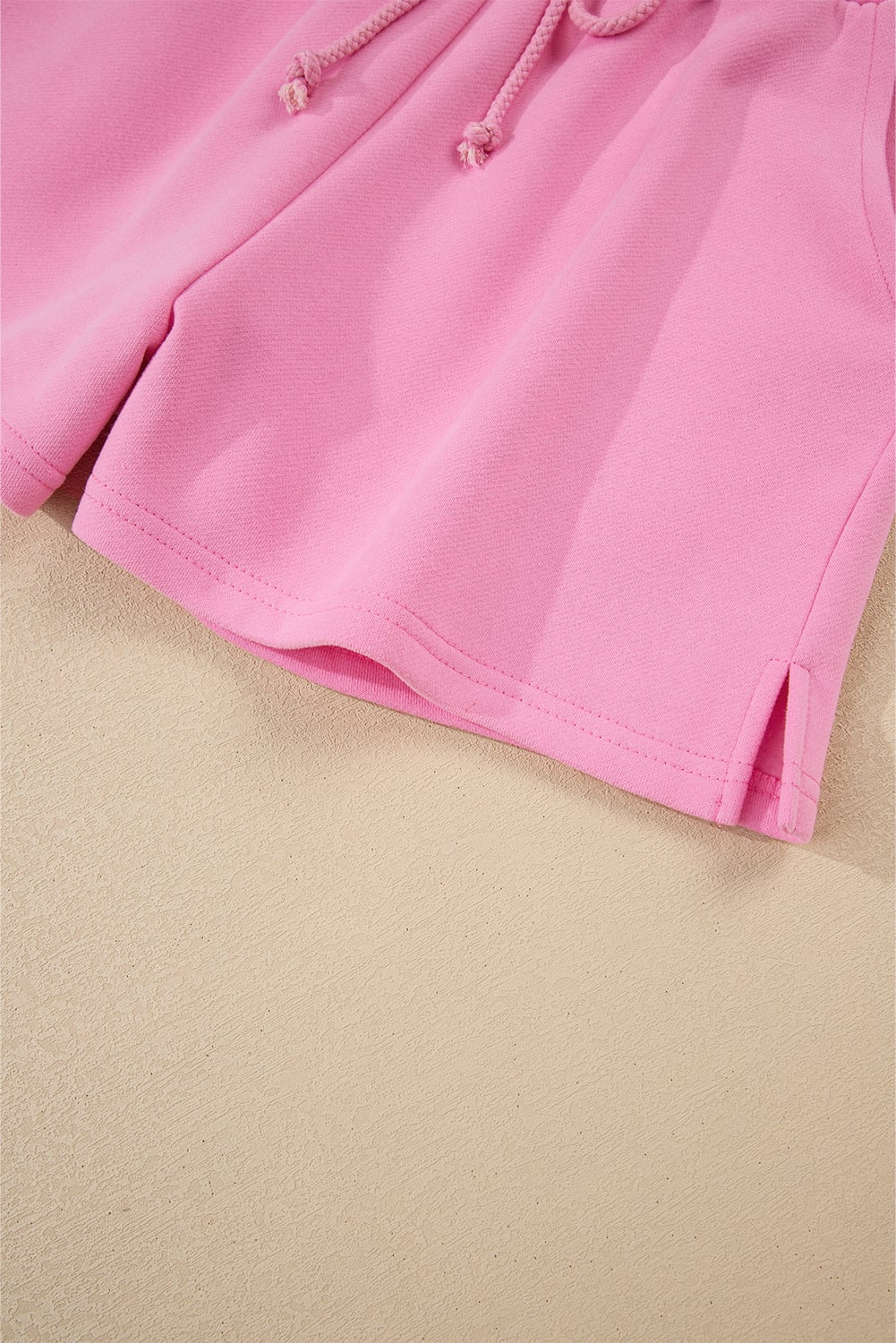Strawberry Pink Color Block Pullover and Lace-up Elastic Waist Shorts Set
