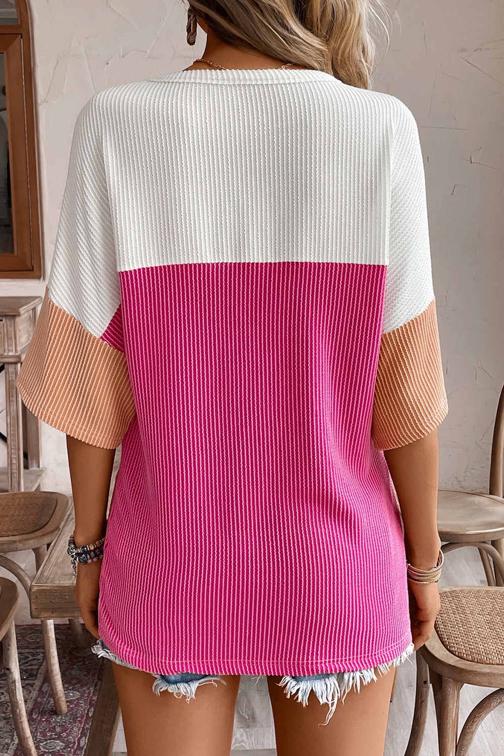 Strawberry Pink Colorblock Corded Drop Shoulder Short Sleeve Top