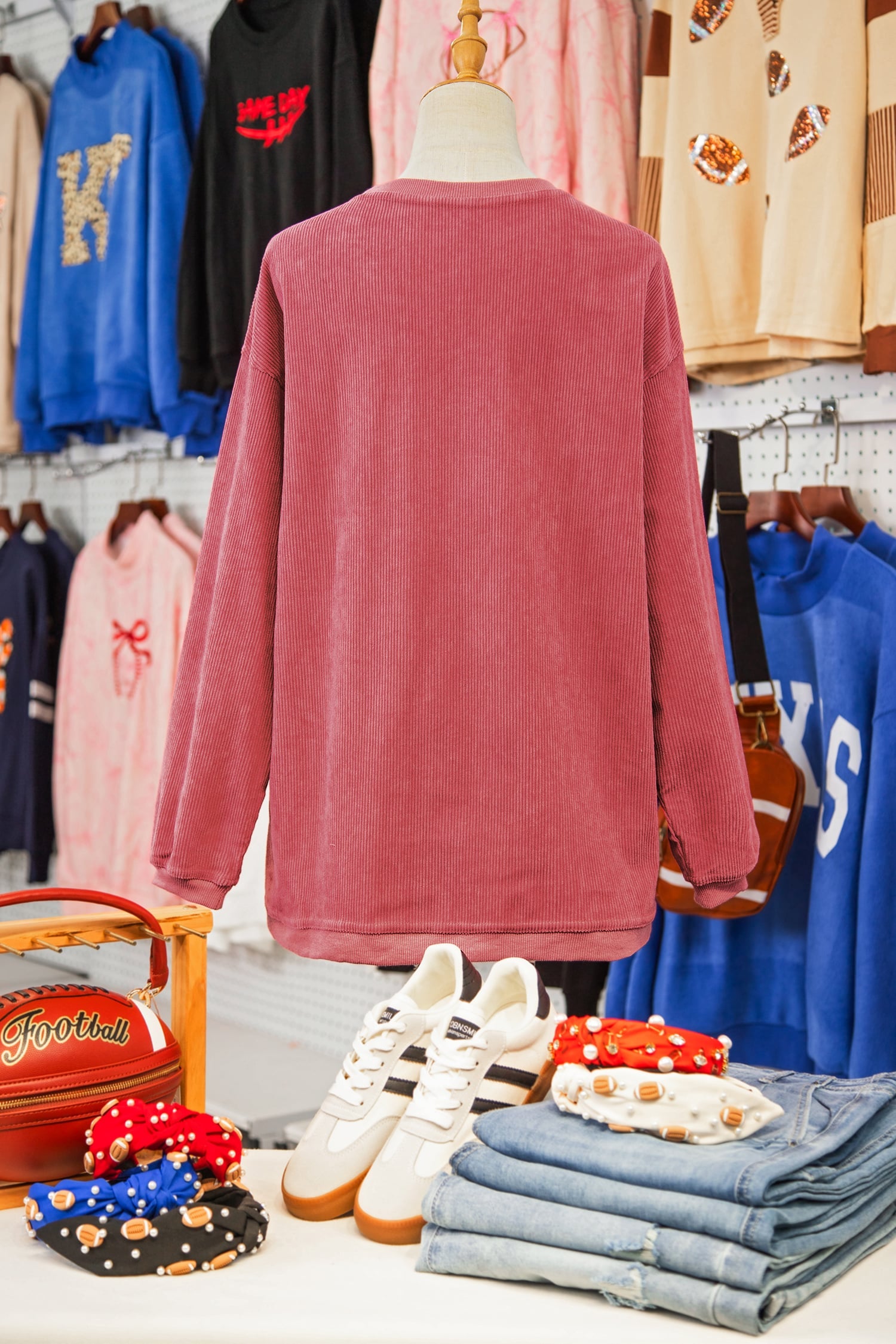 Strawberry Pink Corded Ribbed Bama Embroidered Letter Graphic Sweatshirt