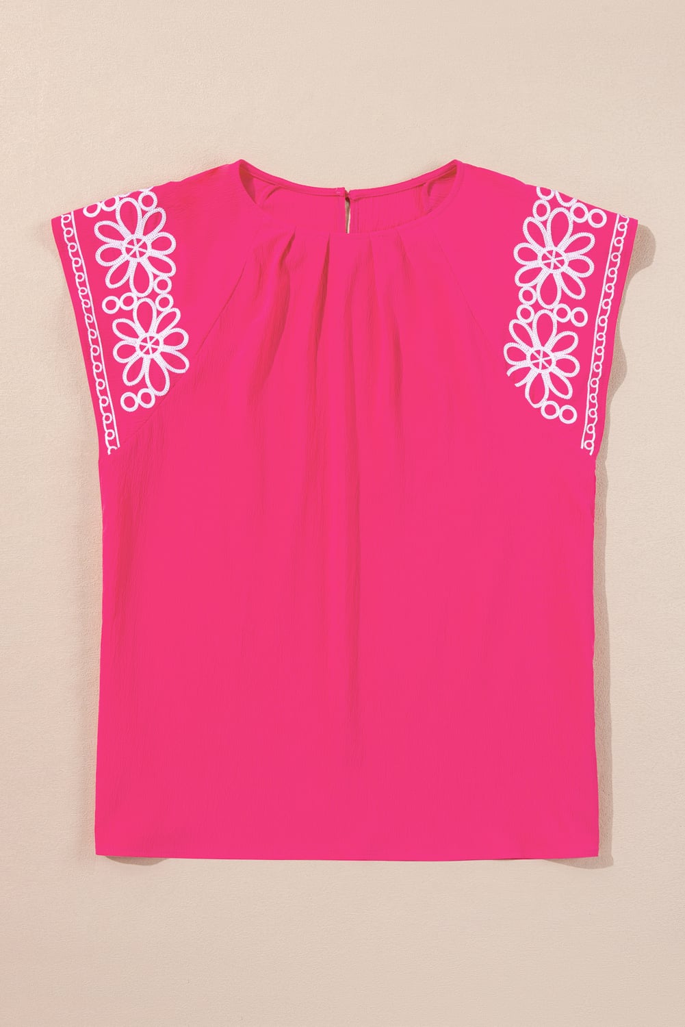Strawberry Pink Floral Embroidered Flutter Sleeve Pleated O Neck Plus Size Blouse