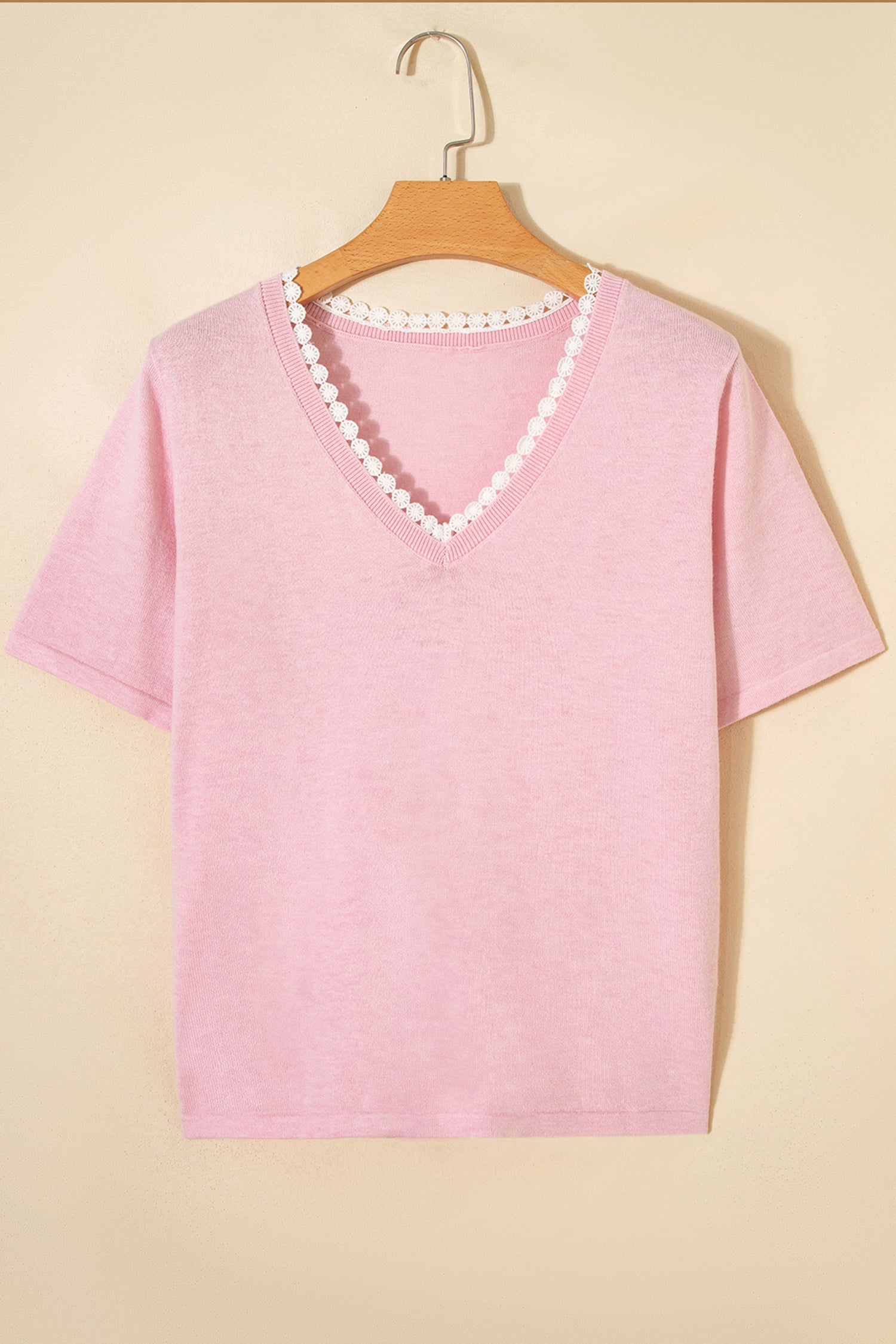 Strawberry Pink Lacy V Neckline Short Sleeve Sweater