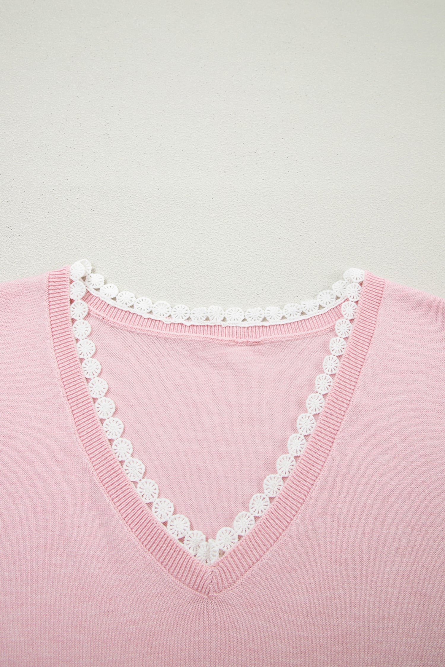 Strawberry Pink Lacy V Neckline Short Sleeve Sweater