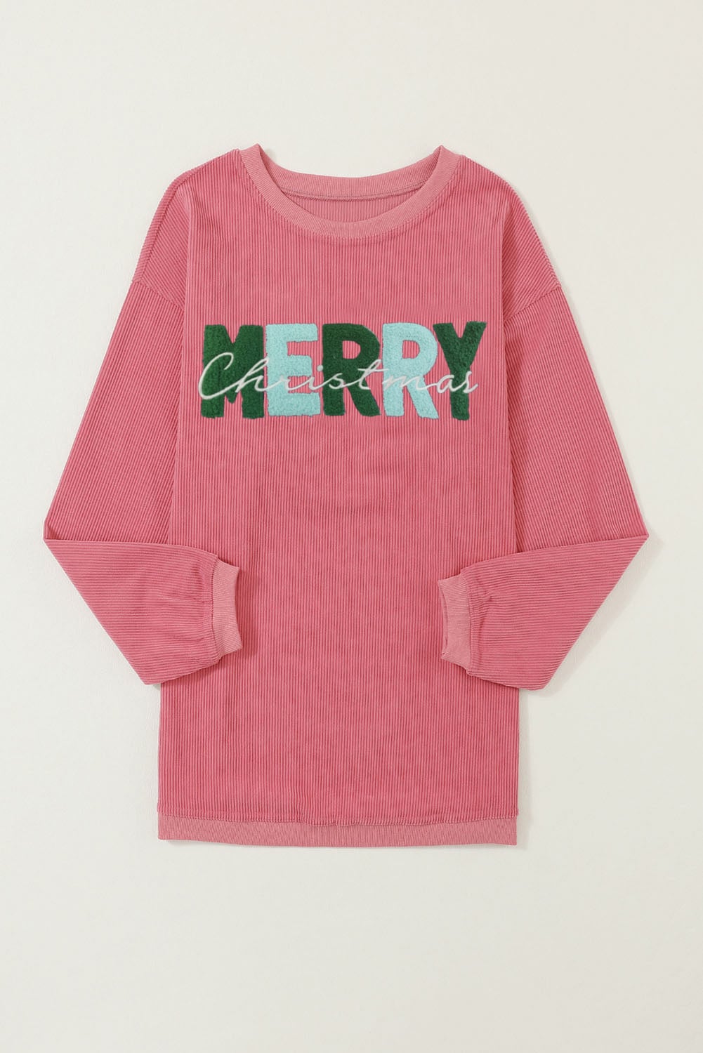 Strawberry Pink MERRY Christmas Chenille Embroidered Corded Sweatshirt