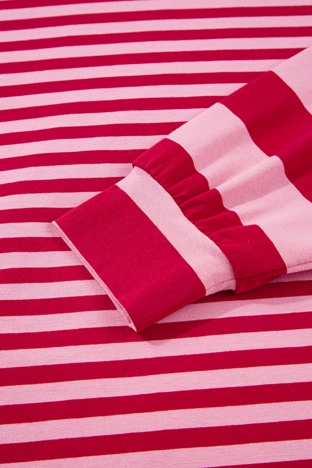 Strawberry Pink Mix Striped Drop Shoulder Patchwork Sleeve V Neck Pullover