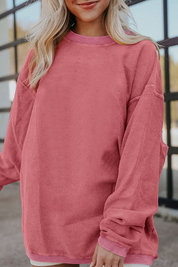 Strawberry Pink Ribbed Corduroy Oversized Sweatshirt