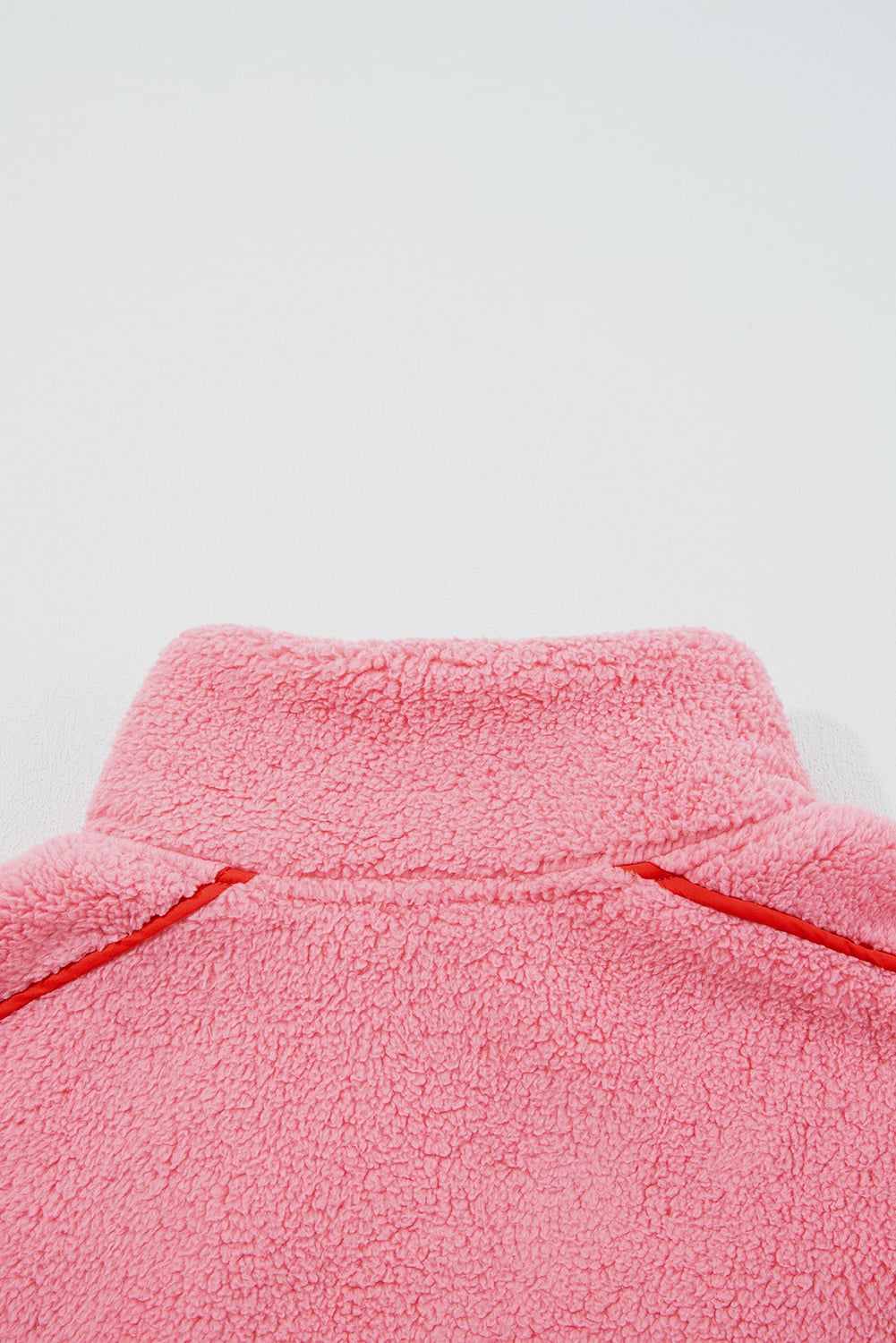 Strawberry Pink Sherpa Contrast Faux Leather Trim Half Zip Pocketed Pullover Sweatshirt
