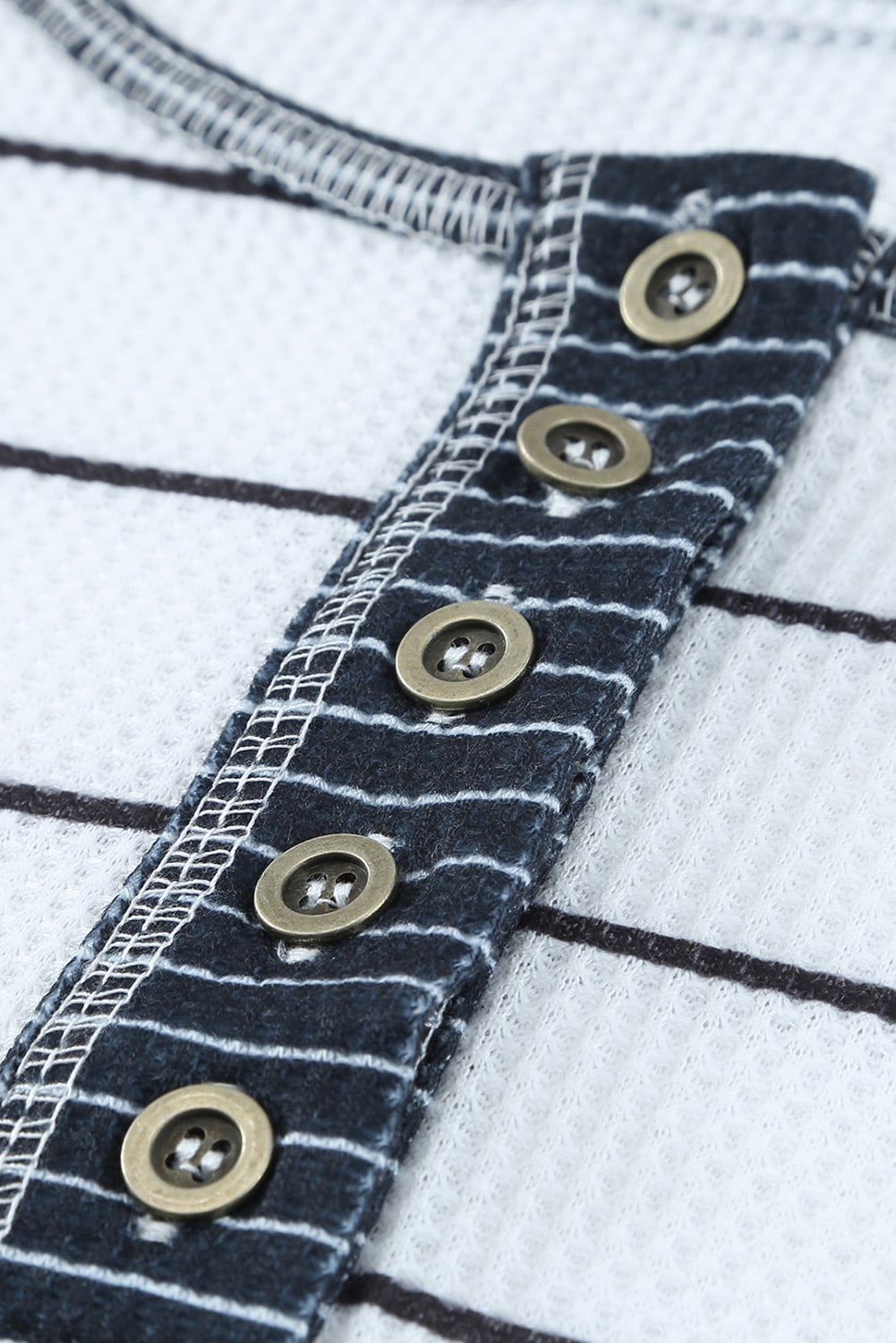 White Striped Buttoned Henley Waffle Knit Top