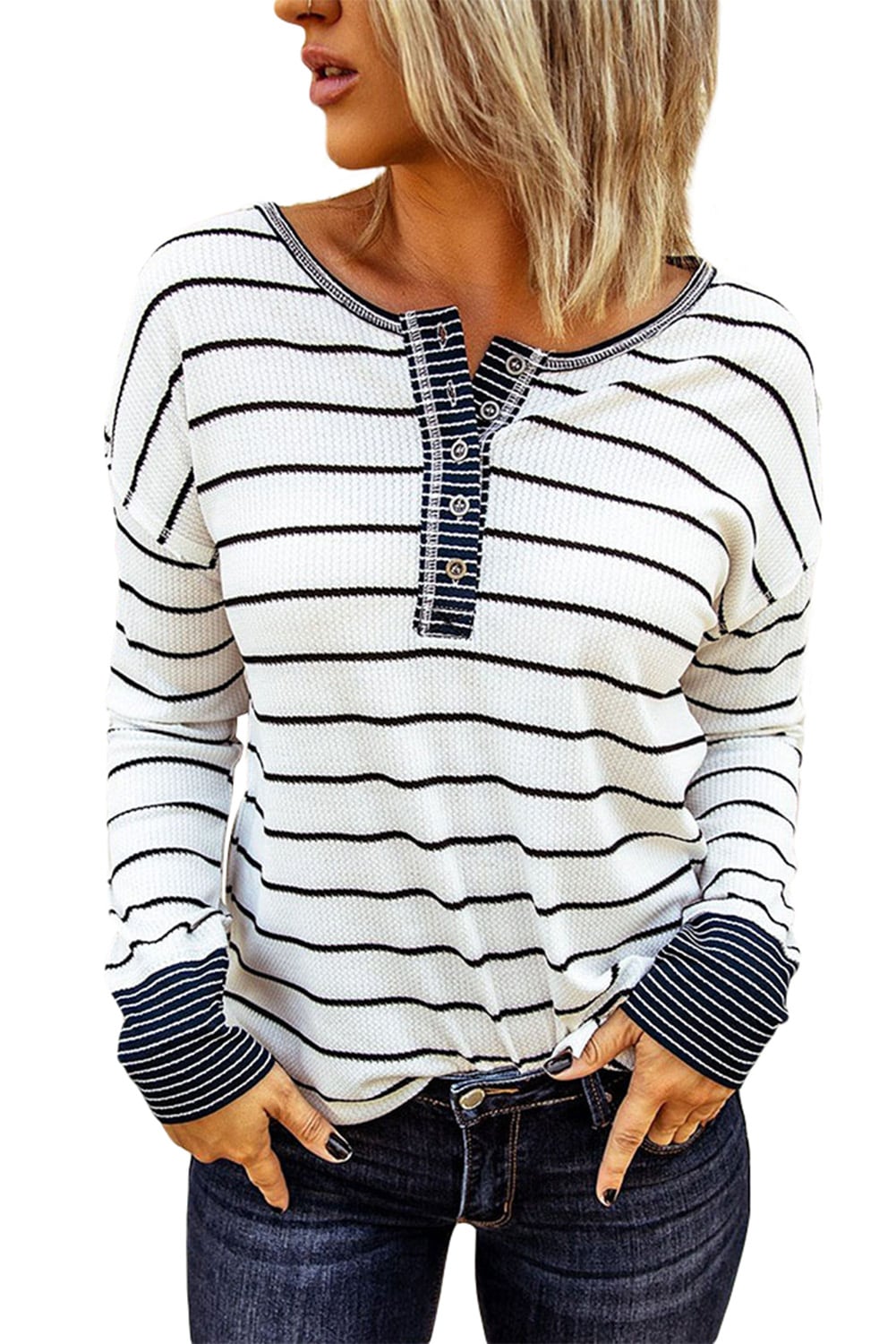White Striped Buttoned Henley Waffle Knit Top