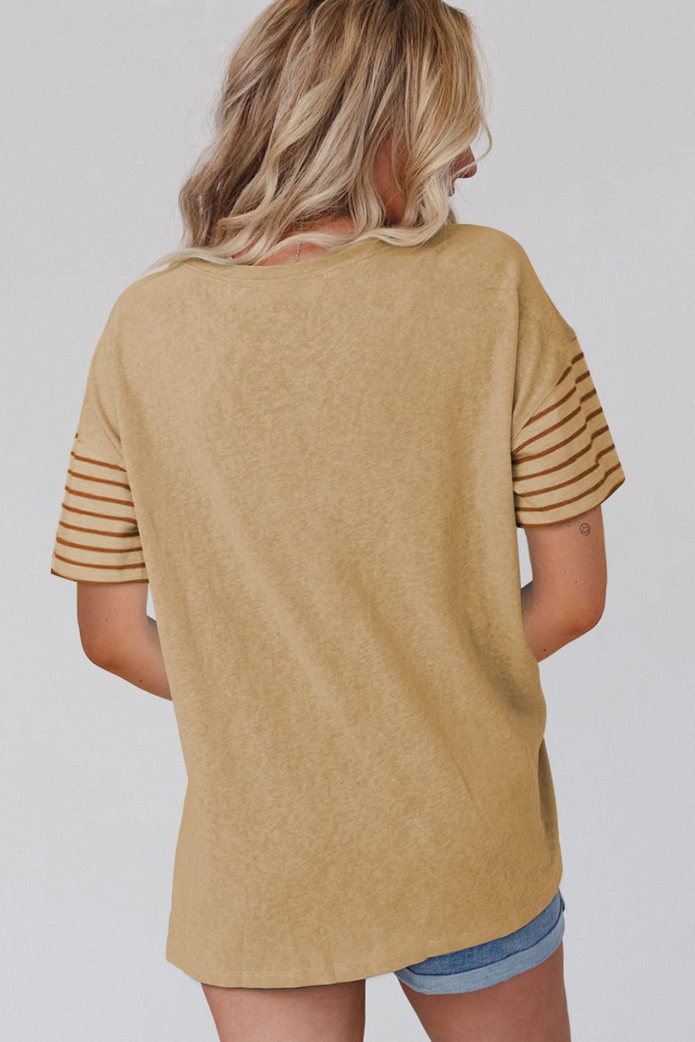 Tan Color Block Striped Detail Loose T Shirt