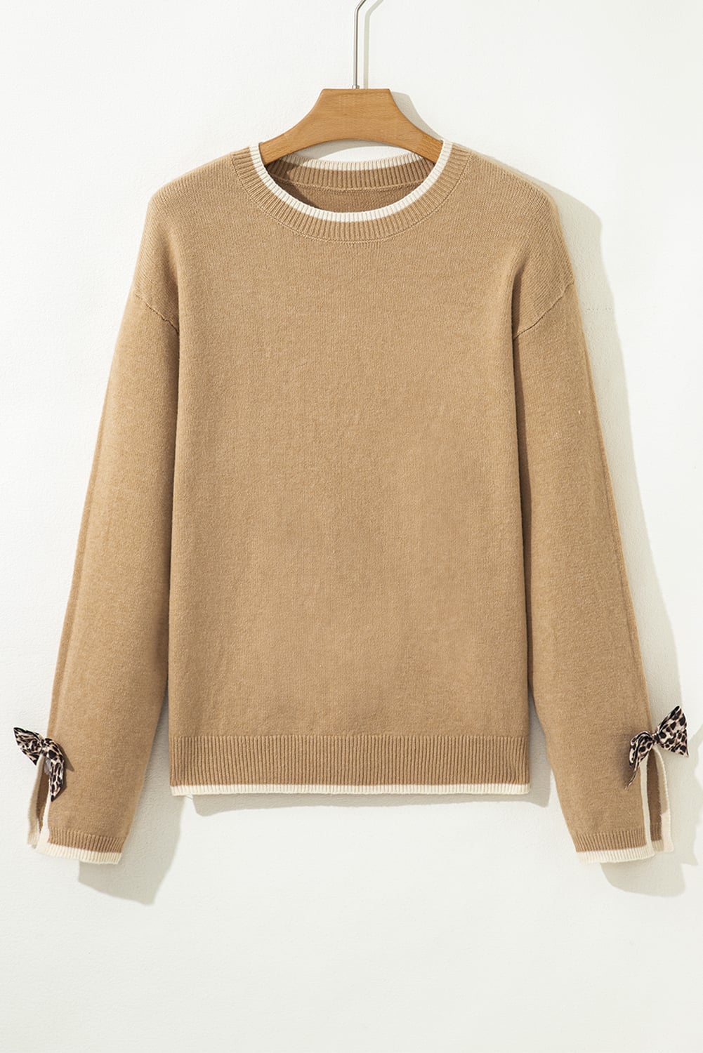 Tan Leopard Bow Decor Split Cuff Contrast Trim Sweater