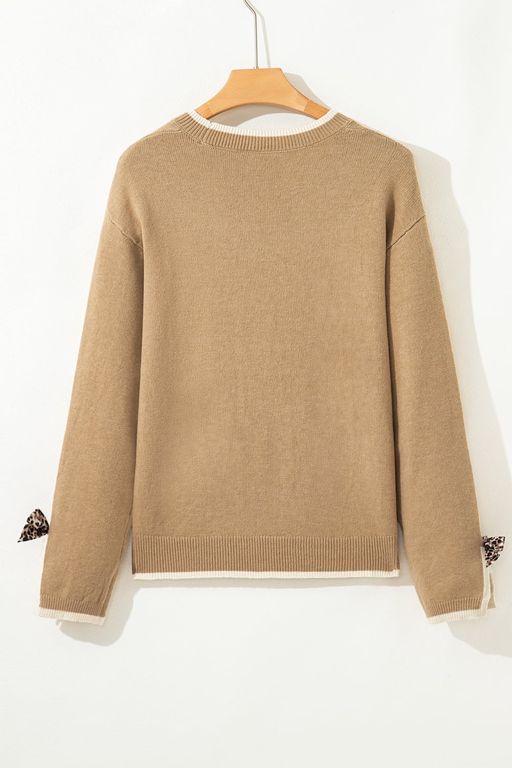 Tan Leopard Bow Decor Split Cuff Contrast Trim Sweater